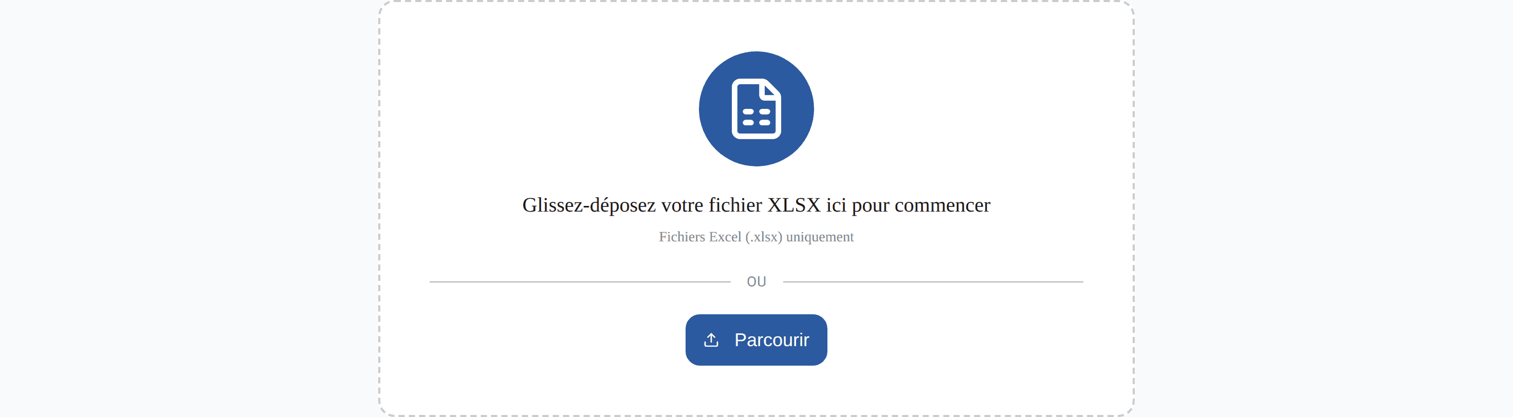 Première étape : le fichier XLSX s’ouvre par glisser-déposer, le calcul s’exécute dans le navigateur