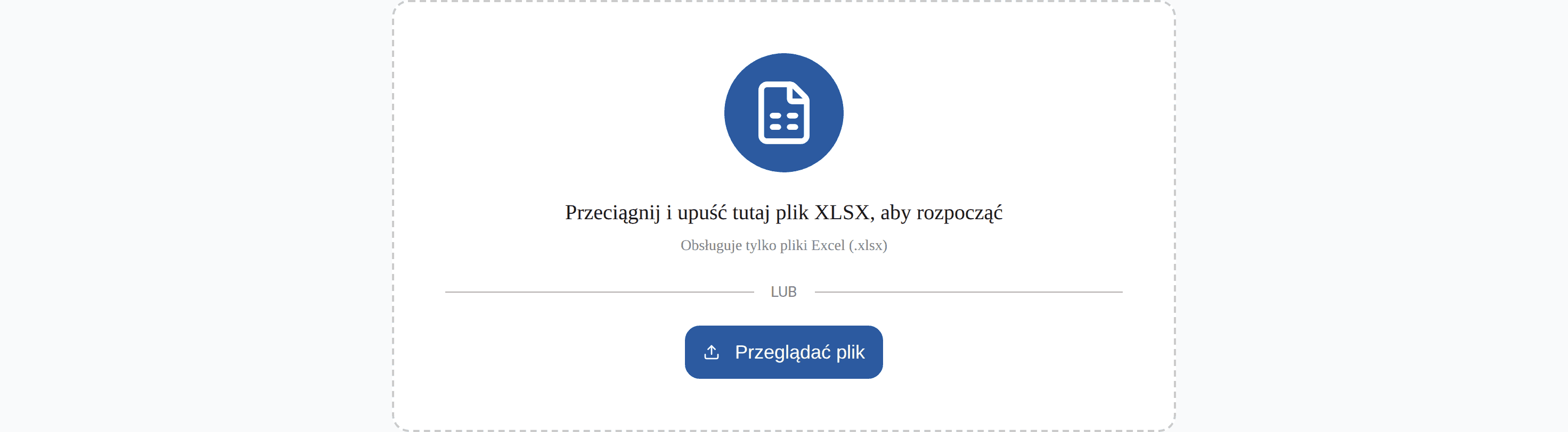 Krok pierwszy: plik XLSX otwiera się przeciągnięciem, obliczenia idą w przeglądarce