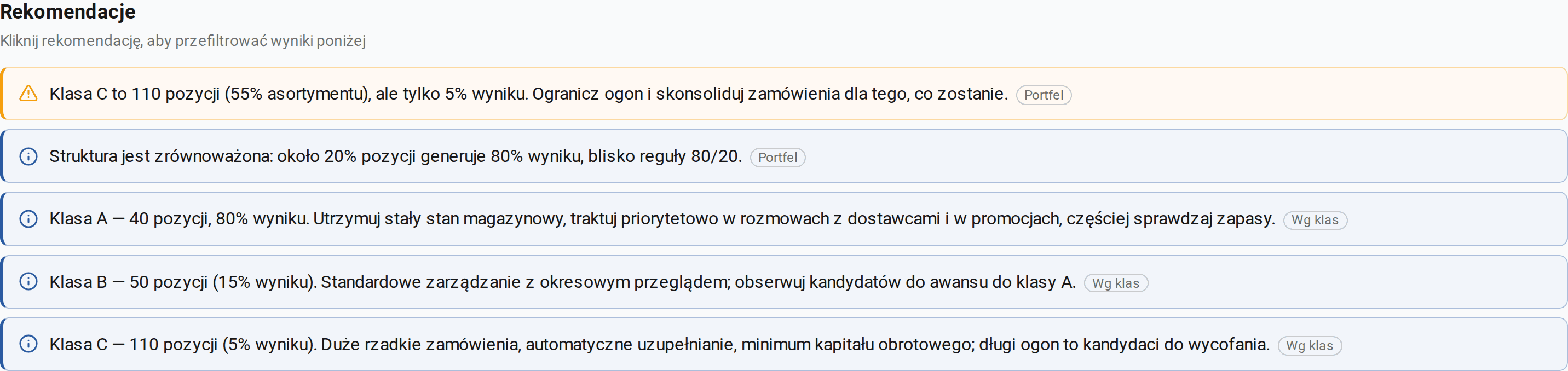Panel rekomendacji: omówienie struktury portfela i podpowiedzi dla każdej klasy; lista rozwinięta w całości