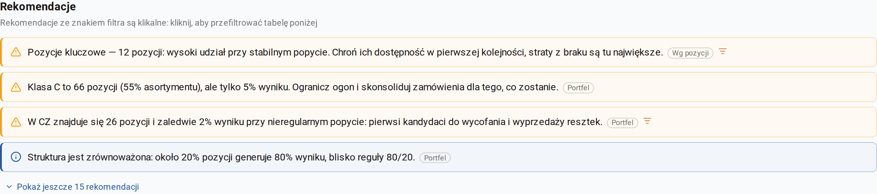 Panel rekomendacji w raporcie zbudowanym bez internetu: podpowiedzi o kluczowych pozycjach, ogonie asortymentu i komórce CZ